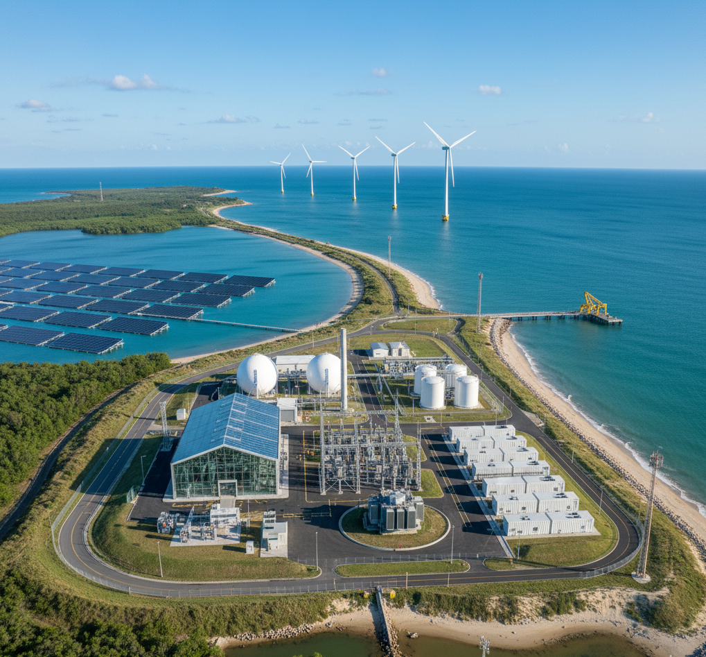 Wind turbines and solar farm at sunrise.