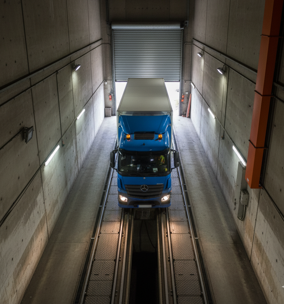 Fleet of commercial vehicles at logistics hub.