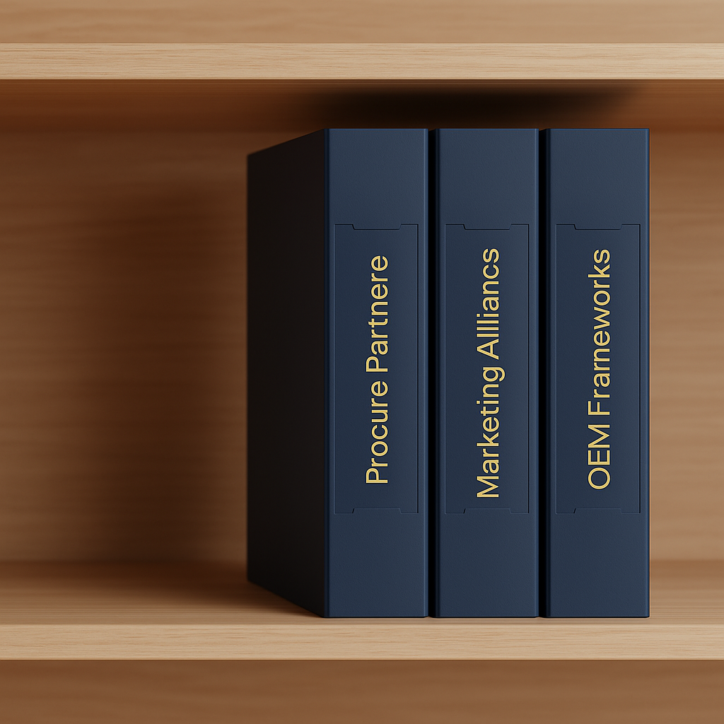 Two startup leaders sealing a partnership handshake over polished documentation.